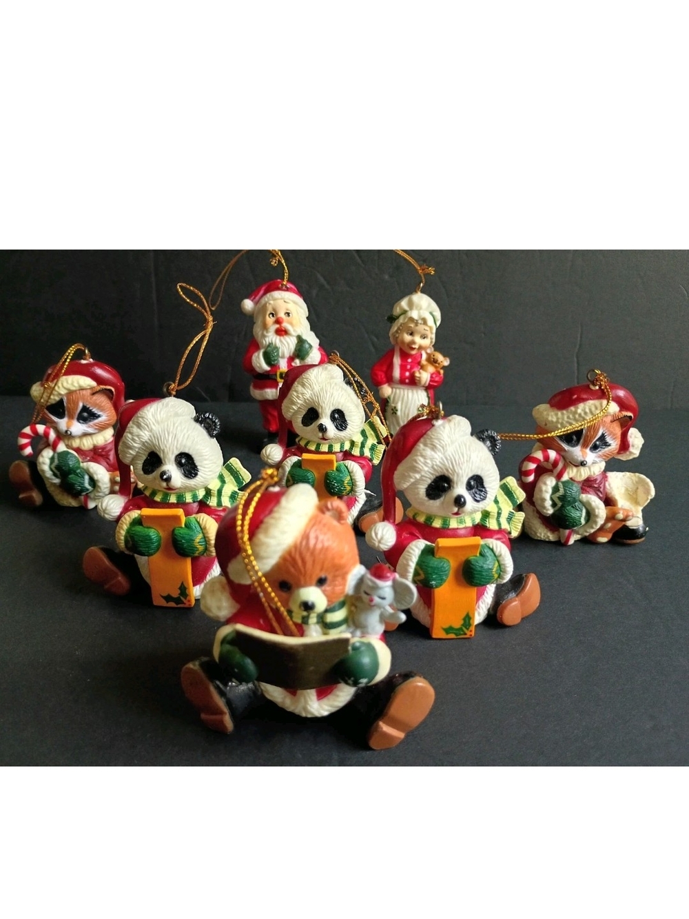 Vintage Christmas Ornaments Lot Of 8 Panda , Bear Mr And Mrs Claus
